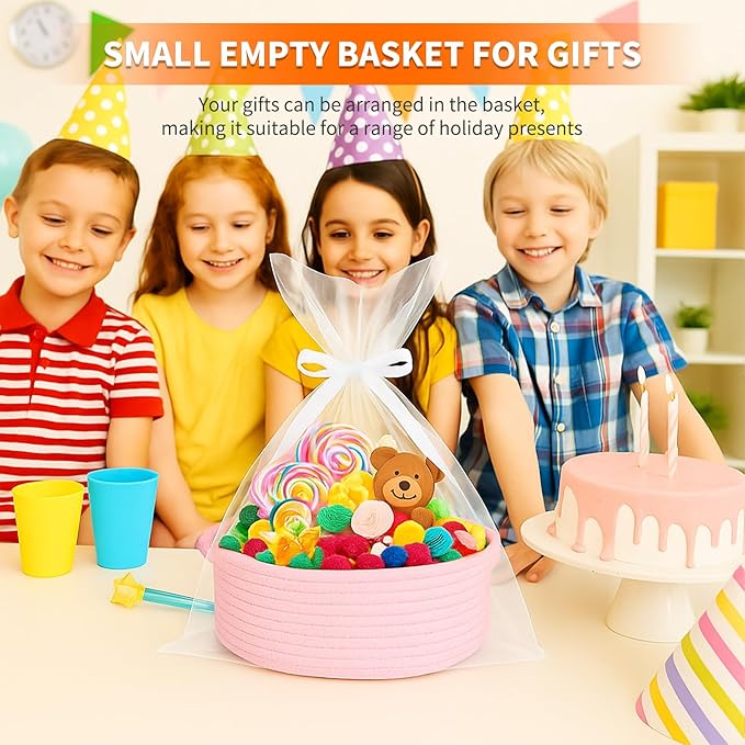 ShellKingdom Storage Basket with Handles, Empty Gift Basket for Christmas with Gift Bags and Ribbon, Small Woven Baskets for Home, Nursery Storage Organizer, 12 X 8 X 5 INCH Pink