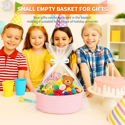 ShellKingdom Storage Basket with Handles, Empty Gift Basket for Christmas with Gift Bags and Ribbon, Small Woven Baskets for Home, Nursery Storage Organizer, 12 X 8 X 5 INCH Pink