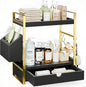 2-Tier Bathroom Counter Organizer with Drawer and Basket, Wood Countertop Organizer for Storage, Skincare Organizers for Vanity, Counter Shelf for Bathroom Organization(Black-Gold)