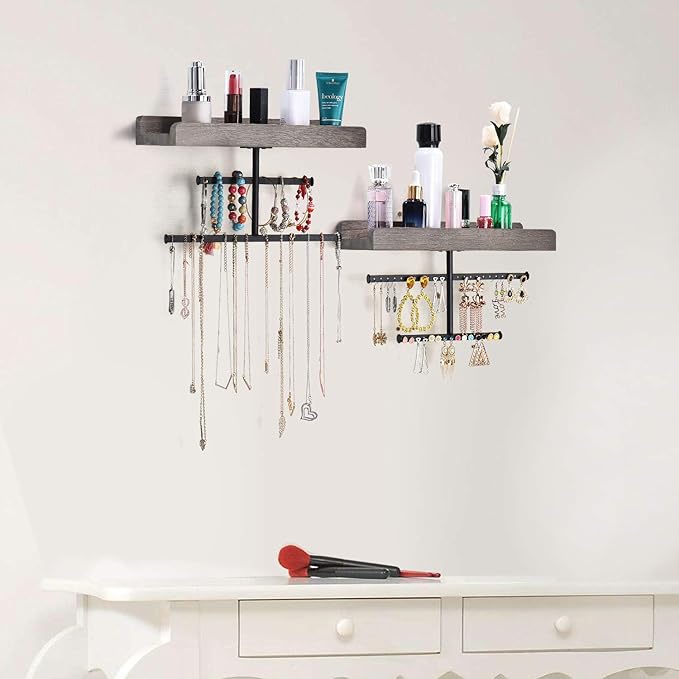 Keebofly Hanging Wall Mounted Jewelry Organizer with Rustic Wood Jewelry Holder Display for Necklaces Bracelet Earrings Ring Set of 2 Weathered Grey,[Patented]