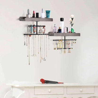 Keebofly Hanging Wall Mounted Jewelry Organizer with Rustic Wood Jewelry Holder Display for Necklaces Bracelet Earrings Ring Set of 2 Weathered Grey,[Patented]