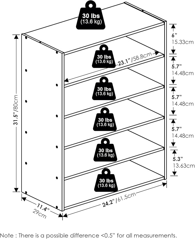 Furinno FANO Shoe Rack, 5-Tier Shoe Organizer, Stackable Shoe Storage, 11.4 x 24.2 x 31.5, for Closet Entryway, Office, Garage, Amber Pine