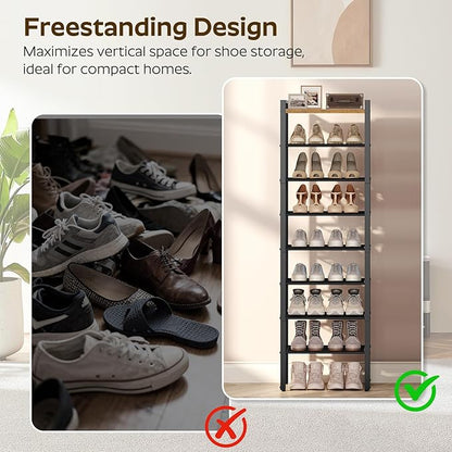 YATINEY 8-Tier Narrow Shoe Rack, Tall Shoe Rack for 8-16 Pairs, Slim Shoe Storage Organizer with Wooden Top, Space Saving, Metal Frame, for Entryway, Rustic Brown and Black SS608BR