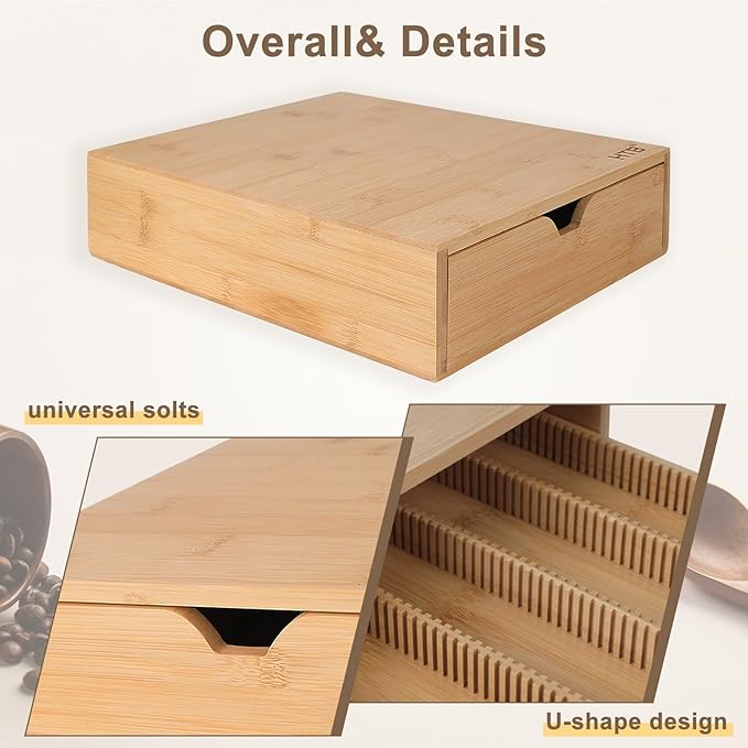 HTB K Cup Coffee Pod Holder, Drawer Type K Cup Organizer Storage, Compatible with K-Cup Pods, Space-Saving Coffee Capsule Drawer- Holds 40 Nespresso Capsules Coffee Pods Bamboo Single Drawer