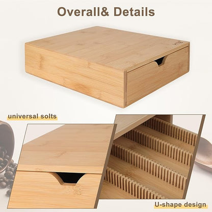 HTB K Cup Coffee Pod Holder, Drawer Type K Cup Organizer Storage, Compatible with K-Cup Pods, Space-Saving Coffee Capsule Drawer- Holds 40 Nespresso Capsules Coffee Pods Bamboo Single Drawer