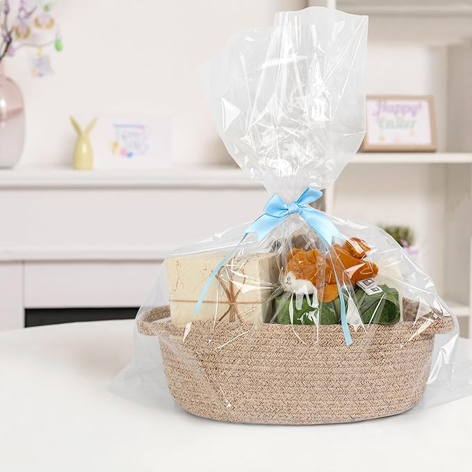 MEGASKET Brown Variegated Small Woven Basket, 13” x 9” x 5” Baskets for Gifts Empty, Cotton Rope Gift Basket, Cute Nursery Baby Organizer, Cat Dog Toy Bin Box, Wicker Storage Bin with Handle