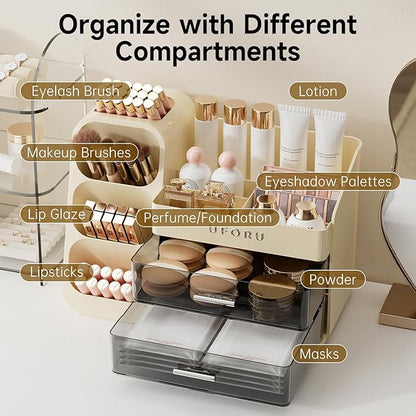 Makeup Organizer for Vanity with Brush Holder, Large Capacity Bathroom Countertop Skincare Organizer with 2 Drawers, Cosmetic Display Case for Perfumes, Eyeshadow Palettes, Nail Polishes