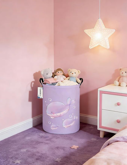 Round Cute Whale Laundry Basket,Collapsible Laundry Hamper for Nursery,Toy Storage Bin for Kids Girls,Waterproof Storage Basket for Home,Bedroom,Playroom,New Parent Gift(Purple Whale)