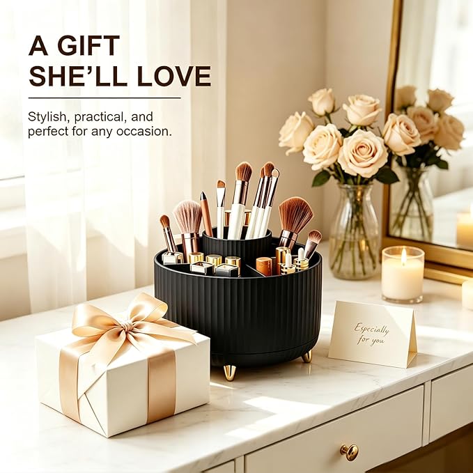 360° Rotating Makeup Brush Holder for Vanity, Elegant Black Makeup Organizer for Bathroom Countertop, Skincare & Cosmetic Storage Case