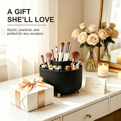 360° Rotating Makeup Brush Holder for Vanity, Elegant Black Makeup Organizer for Bathroom Countertop, Skincare & Cosmetic Storage Case