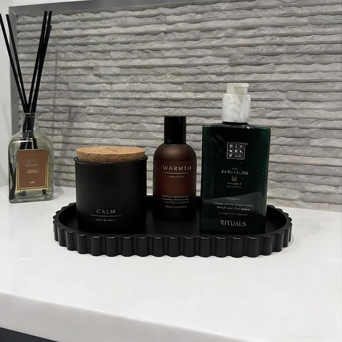 Black Oval Silicone Bathroom Vanity Tray - Decorative Soap Holder, Countertop Organizer for Kitchen/Bathroom/Coffee Table - Storage for Candle, Perfume, Jewelry Decor,Small Plant & Toiletries