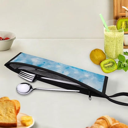 Blue Tie Dye Reusable Travel Tableware Carrying Bag Storage Case Cutlery Flatware Organziers for Straw Spoon Fork Chopsticks Portable Utensil Holder