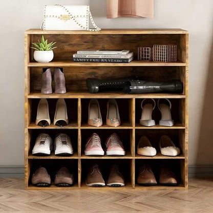 Aenuert 9-Cubby Shoe Rack with 2 Storage Shelf, 3-Tier Wood Shoe Organizer, Multifunctional Shoe Organizer Bench for Entryway, Mudroom, Hallway, Closet, Brown