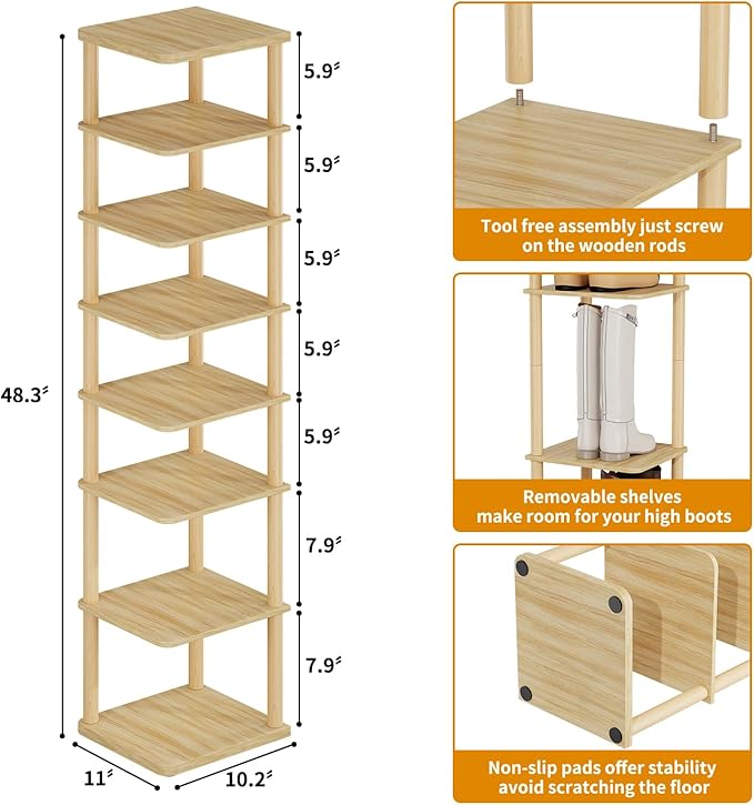 LUCKNOCK Vertical Shoe Rack, 8-Tier Tall Narrow Shoe Organizer for Entryway, Closet, Dorm & Small Spaces, Freestanding Wooden Shoe Shelf Tower for Boots, Sneakers, Heels. (Natural)