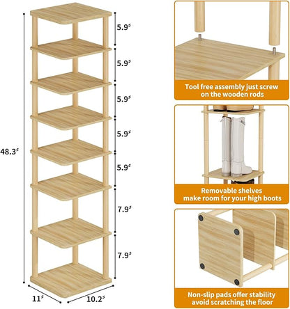LUCKNOCK Vertical Shoe Rack, 8-Tier Tall Narrow Shoe Organizer for Entryway, Closet, Dorm & Small Spaces, Freestanding Wooden Shoe Shelf Tower for Boots, Sneakers, Heels. (Natural)