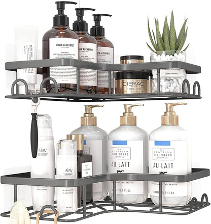 Sakugi Corner Shower Caddy - 2 Pack, Adhesive Shower Organizers, Rustproof Stainless Steel Shower Shelves with 8 Hooks, No Drilling Bathroom Organizers and Storage Racks, Space-Saving, Grey, Medium