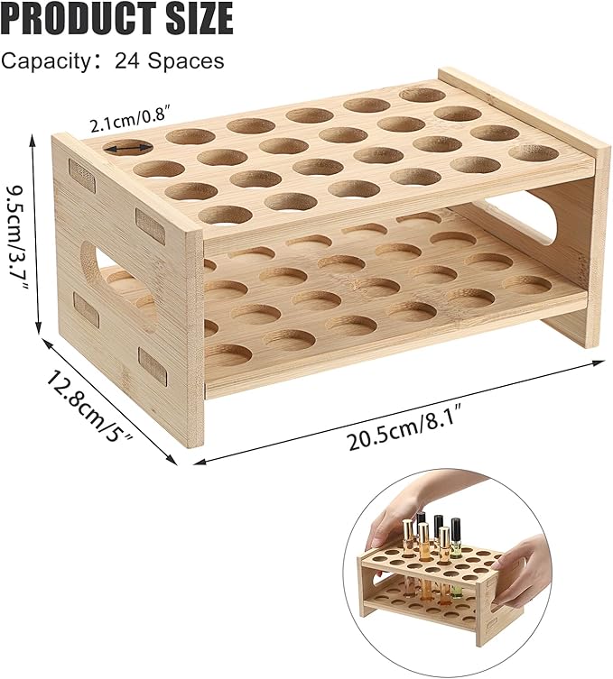 ELLDOO Rollerball Perfume Organizer, 24 Spaces Bamboo Perfume Storage Holder Beauty Scent Holder with Handle, Makeup Lipgloss Lipstick Display Case