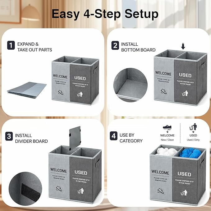 Foldable Shoe Cover Bin Storage Box Storage Dispenser Holder with Used Shoe Covers and Welcome Please or Remove Sign for Open House Supplies (grayish blue)