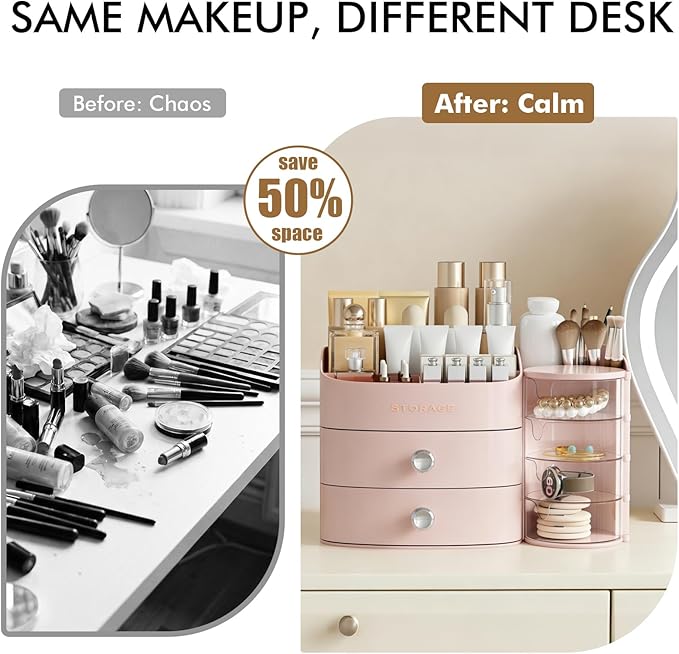 Makeup Organizer Countertop with Drawers, Make up Organizers for Vanity, Skincare Jewelry Earring Organizers, Cosmetic Display Cases Makeup Storage for Bedroom & Bathroom, Ideal Gifts for Women(Pink)