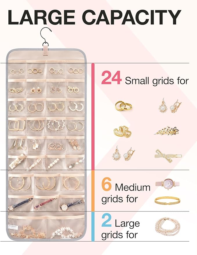 BAGSMART Hanging Jewelry Organizer Storage Roll with Hanger Metal Hooks Double-Sided Jewelry Holder for Earrings, Necklaces, Rings on Closet, Wall, Door, 1 piece, Large, Grey