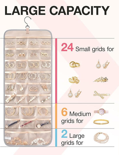 BAGSMART Hanging Jewelry Organizer Storage Roll with Hanger Metal Hooks Double-Sided Jewelry Holder for Earrings, Necklaces, Rings on Closet, Wall, Door, 1 piece, Large, Grey