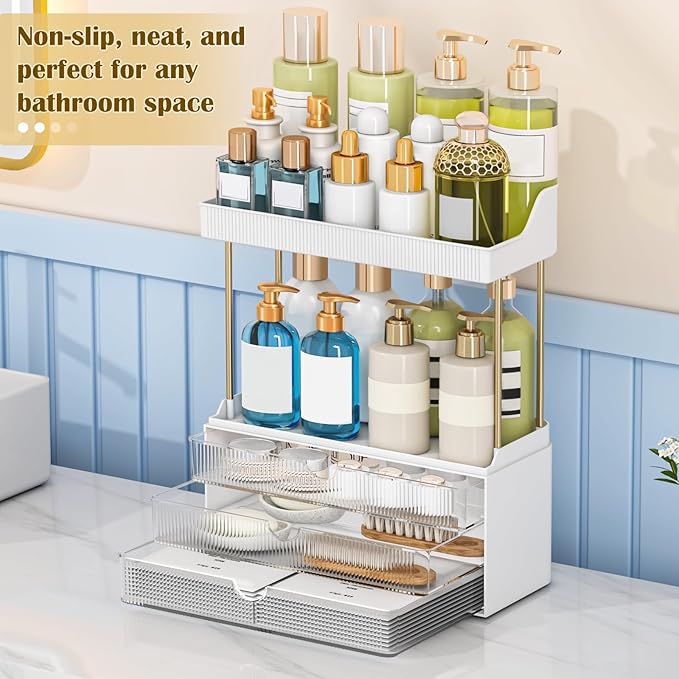 caktraie 2 Pack Bathroom Counter Organizer - 3 Drawers Makeup Organizer, Cosmetic Storage Drawer for Dresser Countertop and Bathroom Vanity for Large Skincare, Perfume, Clear