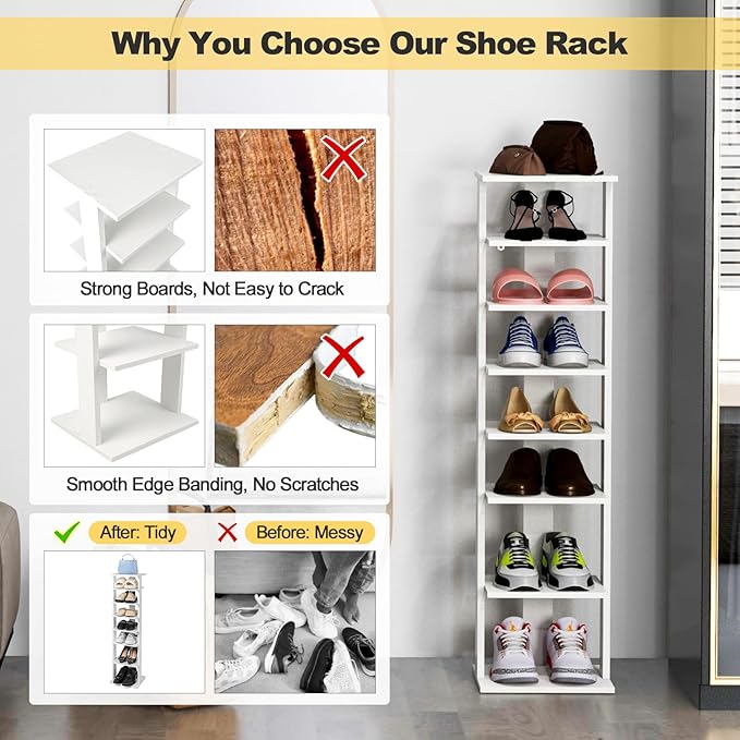 BETTARY 8 Tier Vertical Shoe Rack, Narrow Wooden Corner Shoe Organizer for Small Spaces, Removable Shelves, Anti-toppling Device, Shoe Tower for Entryway, Closet, Bedroom (White, Single Row)