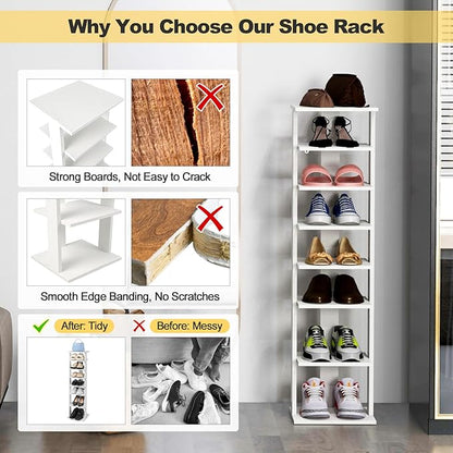 BETTARY 8 Tier Vertical Shoe Rack, Narrow Wooden Corner Shoe Organizer for Small Spaces, Removable Shelves, Anti-toppling Device, Shoe Tower for Entryway, Closet, Bedroom (White, Single Row)
