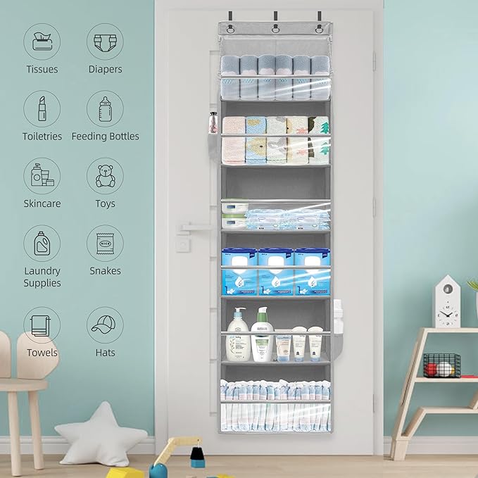 Over Door Organizer with 6 Extra Large Pockets and 12 Side Pockets, Large Capacity Hanging Storage Organizer with Clear Window for Shoes, Diapers, Grey, 6 Layers, 1-Pack