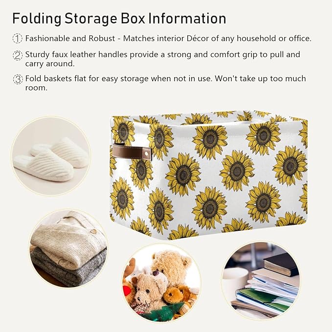 Foldable Storage Baskets, Meadow Sunflower Storage Bins with Handles, Decorative Cloth Organizer Storage Boxes for Home|Office 15 x 11 x 9.5 in