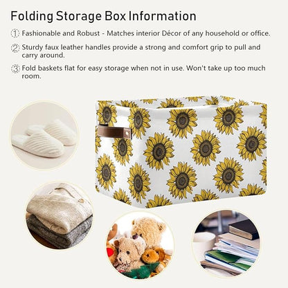 Foldable Storage Baskets Set of 2, Meadow Sunflower Storage Bins with Handles, Decorative Cloth Organizer Storage Boxes for Home|Office 15 x 11 x 9.5 in