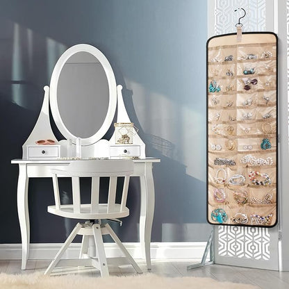 2 Pack Hanging Jewelry Organizer Storage with 39 Pockets, 30 Necklace Hooks Double Sided Wall Mount Earring Holder Organizer Bracelet Necklace Jewelry Display Hanger for Closet Door(Black)