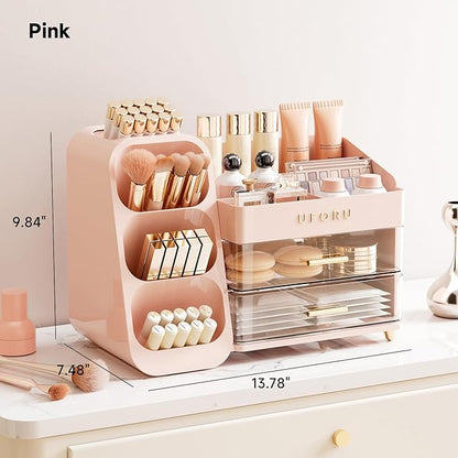 Makeup Organizer for Vanity with Brush Holder, Large Capacity Bathroom Countertop Skincare Organizer with 2 Drawers, Cosmetic Display Case for Perfumes, Eyeshadow Palettes, Nail Polishes