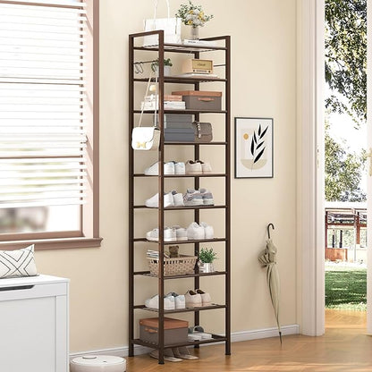 usikey 10 Tiers Narrow Shoe Rack 20-30 Pairs, Sturdy Metal Tall Shoe Rack Shelf with 4 Hooks, Slim Shoe Storage with Metal Shelf, Space Saving Vertical Shoe Organizer for Entryway Bronze UNYXJX018A