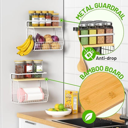 Magnetic Shelf for Fridge with Wood Lid, Fruit Potato and Onion Storage Bins, Pantry Organizers & Storage, Large Container Magnetic Spice Rack for Refrigerator, Kitchen Counter (White, 2)