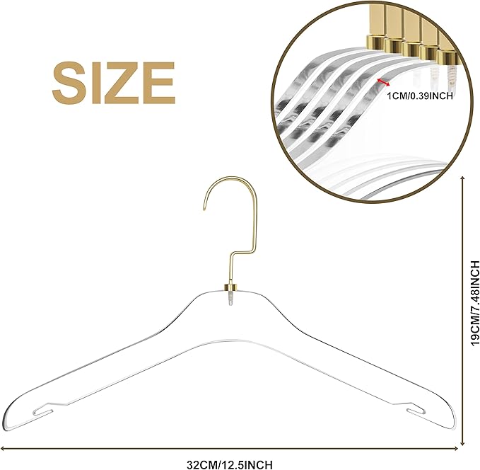 Quality Hangers Kids Size Acrylic Hangers – Crystal Clear Hangers for Kids Clothes - Perfect For 7-10 Years Old - Available With Wide Matte Gold Metallic Hook - Acrylic Children Shirt Suit Coat Hanger
