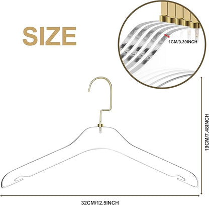 Quality Hangers Kids Size Acrylic Hangers – Crystal Clear Hangers for Kids Clothes - Perfect For 7-10 Years Old - Available With Wide Matte Gold Metallic Hook - Acrylic Children Shirt Suit Coat Hanger
