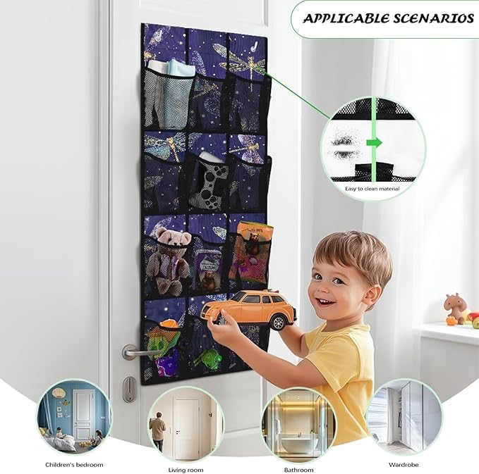 Glowing Dragonfly Over Door Hanging Organizer, 12 Glow-in-the-Dark Mesh Pockets for Night Visibility, Perfect for Dorm Room & Apartment Bathroom Storage
