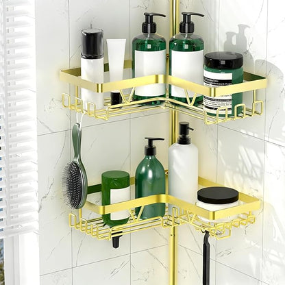 DAOYA Shower Caddy Tension Pole with 2 Soap Holders, Adjustable Corner Shower Caddy, Gold Finish, Expandable 25-114.2 Inches for Bathtub Corner, Bathroom Storage Organizer