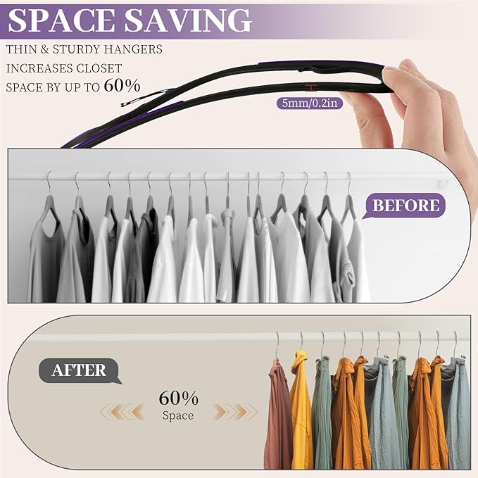 LemonRoad 36 Pack Short Neck Hangers, Upgraded Non-Slip Plastic Hangers Lifts Clothes 3" Higher, Space Saving 360 Swivel Hook for Closet Organizer, Shirts Jackets Dresses, Smooth (Black Purple)