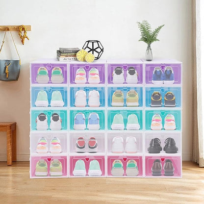 20 PCS Shoe Storage Boxes,Clear Plastic Colorful Shoebox Stackable Shoe Organizer Foldable Display Box Container Closet Shelf Display Case Ventilation