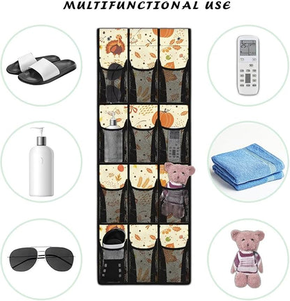 Turkey and Pumpkin Door Hanging Shoe Organizer for Thanksgiving Home Decor,Mesh Fabric Door Organizers and Storage Space Saving with 12 Pockets Wall Hanging Storage 4 Metal Hook