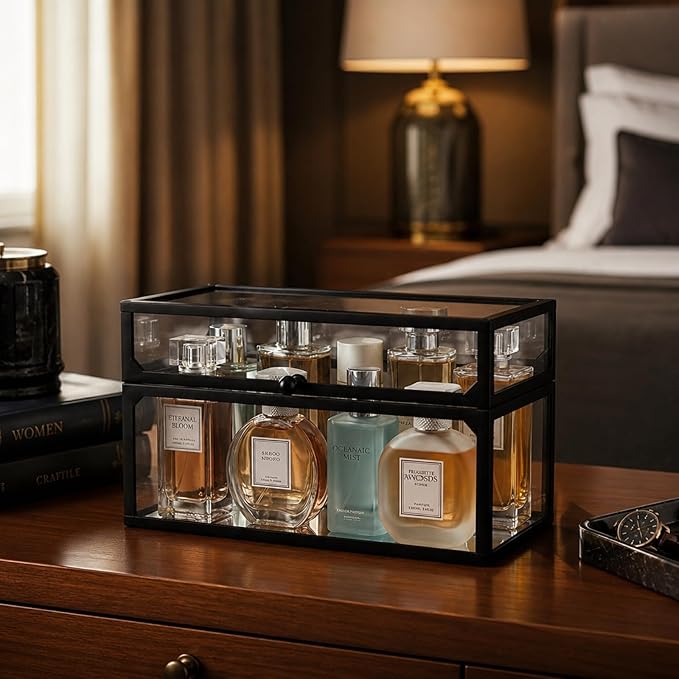 Cologne Organizer for Men, Glass Perfume Organizer Box with Flip Top Lid, Dustproof Perfume Storage Case, Clear Cologne Holder for Vanity, Bathroom Countertop, Watch, Jewelry, Fragrance Display, Black