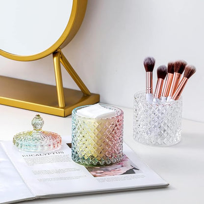rejomiik Qtip Holder Glass Apothecary Jars with Lid Bathroom Accessories Vanity Organizers and Makeup Storage for Cotton Swabs, Makeup Sponges, Bath Salts, Canister Dispenser, 2 Pack Rainbow
