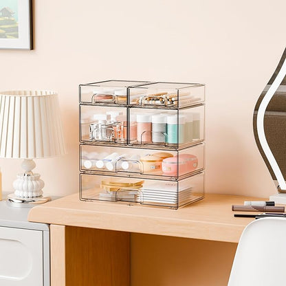 Yieach Clear Stackable Storage Drawers - Set of 6 - Acrylic Drawers,Bathroom Organizer Bin and Plastic Makeup Organizer,Clear Stacking Brightroom Storage Boxes for Vanity,Cabinet,Pantry Organization