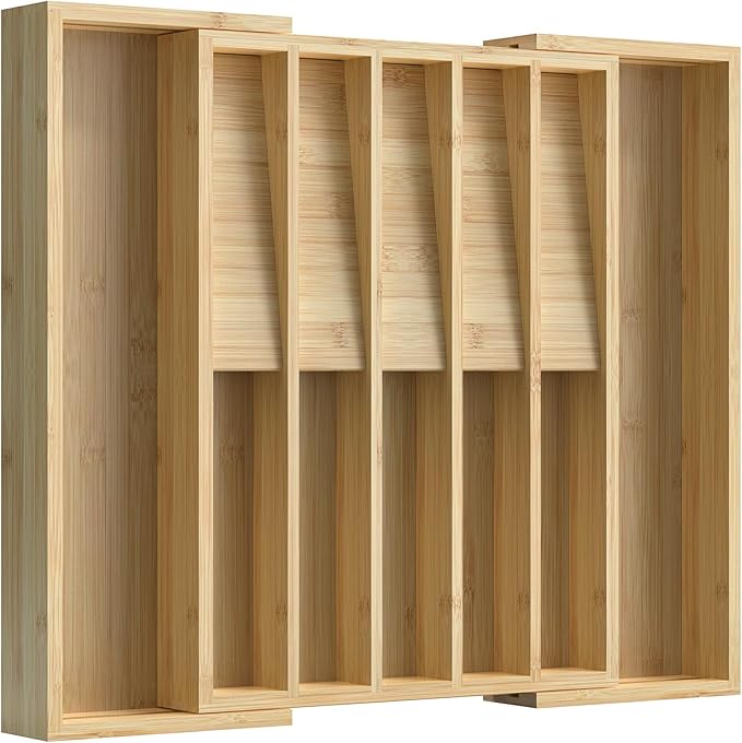 Expandable Silverware Organizer, Utensil Drawer Organizer & Cutlery Tray Dividers for Spoons Forks Knives (12 Slot,Natural Bamboo), 16.7”D x 13"-20”W x 1.97 “H