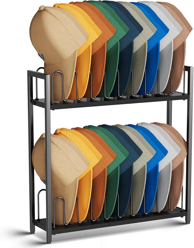 Cinati 2-Tier Hat Organizer for Baseball Caps, 18 Capacity Freestanding Baseball Cap Rack, Metal & Wood Hat Storage for Closet Entryway Bedroom, Black Cap Holder Stand, Gifts for Men Dad