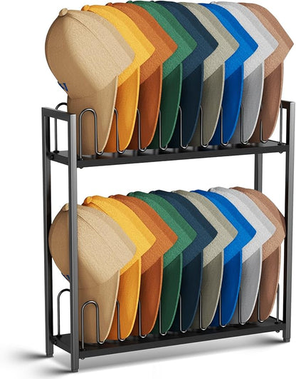 Cinati 2-Tier Hat Organizer for Baseball Caps, 18 Capacity Freestanding Baseball Cap Rack, Metal & Wood Hat Storage for Closet Entryway Bedroom, Black Cap Holder Stand, Gifts for Men Dad