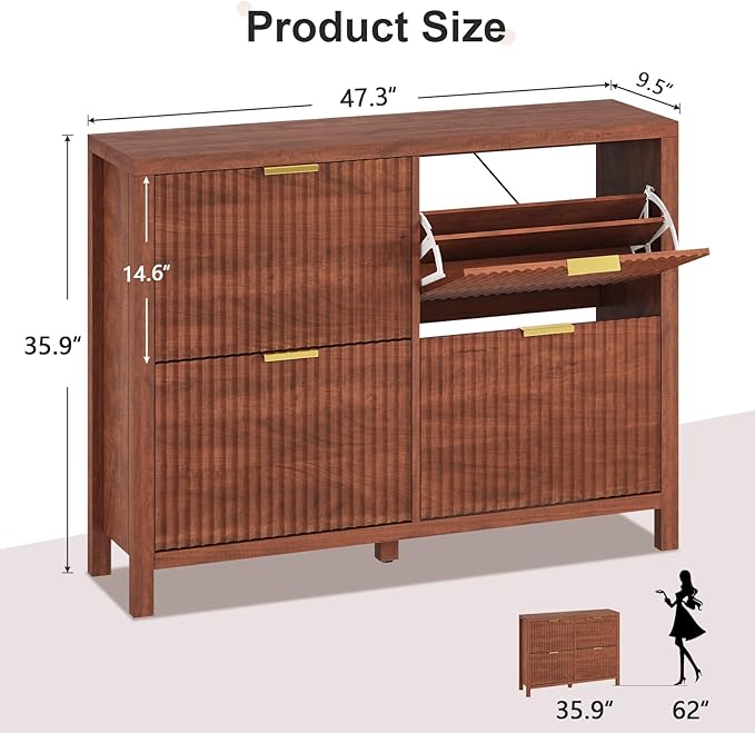 YOMILUVE Shoe Cabinet Storage for Entryway, Fluted Walnut Shoe Cabinet with 4 Flip Drawers, Hidden Shoe Rack Freestanding Wooden Shoe Organizer with Legs for Hallway