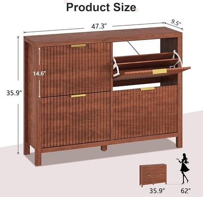 YOMILUVE Shoe Cabinet Storage for Entryway, Fluted Walnut Shoe Cabinet with 4 Flip Drawers, Hidden Shoe Rack Freestanding Wooden Shoe Organizer with Legs for Hallway